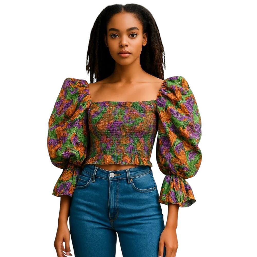 Live 4 Truth Boho‎ Crop Blouse Colorful Ruched Hippy Bell Sleeve Women's Small